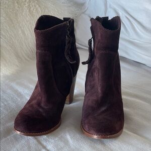 Joie Dark Burgundy/Wine Suede Wood-Stack Heeled Bootie